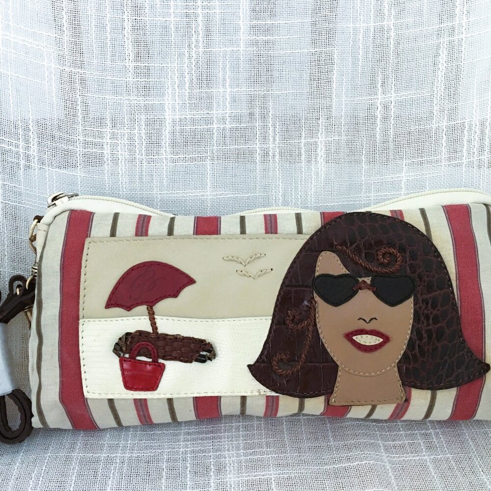 Brighton Purse Handbag Striped Print Beach Scene Canvas and Leather Bag